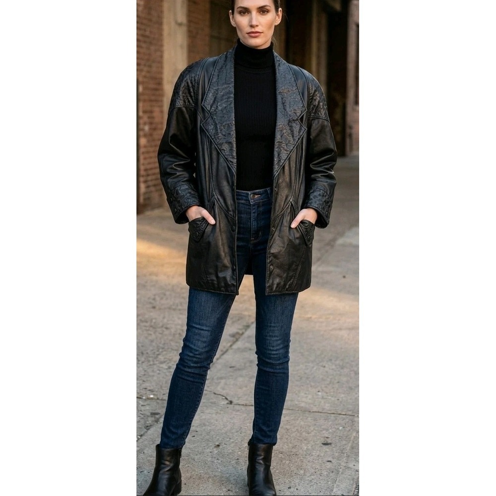 VTG 80s Leather Blazer Duster Jacket Women's Medium Yessica Retro City